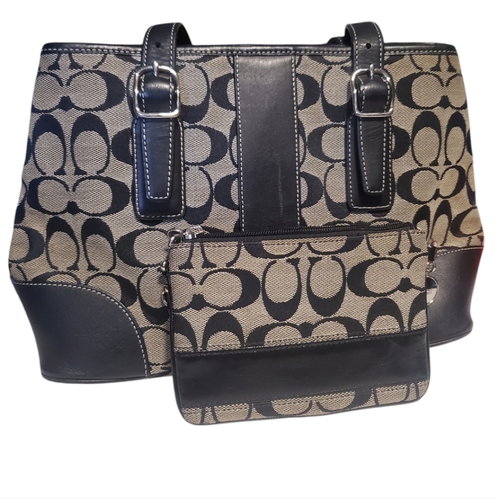 Coach Black and Tan Tote with Signature C Pattern and Leather Handles